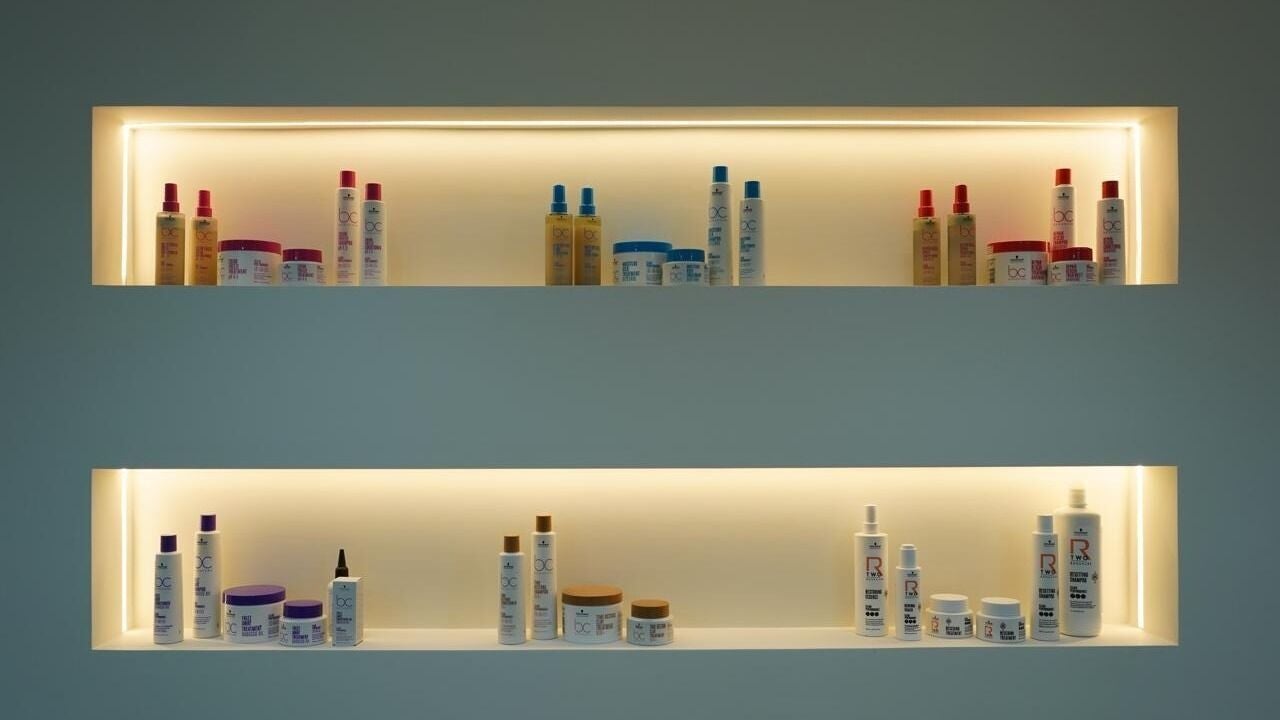 Backlit shelves of professional hair-care products